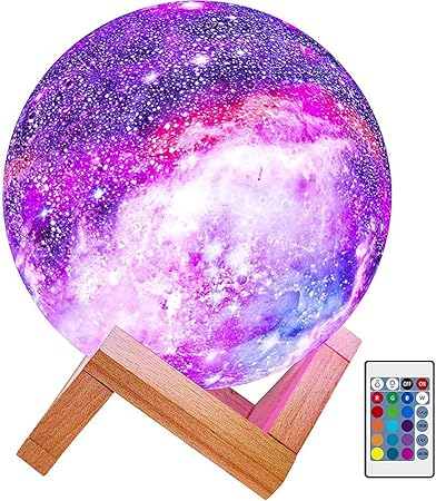 Himalayan Glow Kids Night Galaxy Lamp 5.9-inch 16 Colors LED 3D Star Moon Light with Wood Stand, Remote & Touch Control USB Rechargeable, White